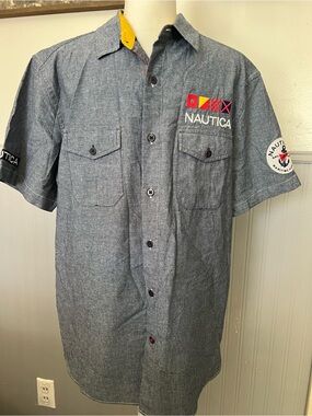Mens Nautica Button Up Shirt / 1983 Sail Team / Embroidered / Large / Nautical